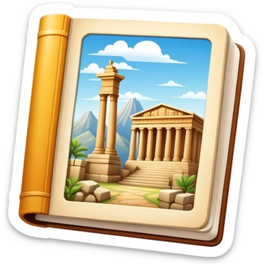 Icon for Historical and Cultural Tourism: iconic landmarks like ancient ruins, a museum and a historical monument, with a travel guidebook and camera. The icon should capture the exploration of history and culture. Transparent background. sticker