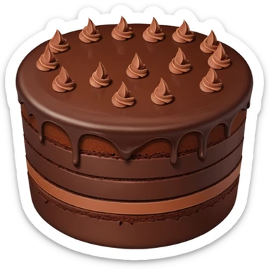 Chocolate fudge cake with chocolate base and chocolate frosting with chocolate pieces. Show the inside of the cake with three thin layers of a lighter chocolate filling  sticker