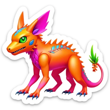 Tropical lush warm-colored modern colorful neon-colored cyber-Fakémon-Digimon-Trico-creature sticker
