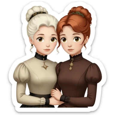 Two Victorian women with light eyes, one with white coiffed hair and one with dark copper coiffed hair, wearing Victorian turtleneck dresses with their arms tightly around each other sticker