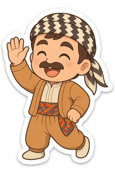 Create a chibi Kurdish cartoon sticker based on the reference image, showing a farewell (waving goodbye) expression, with a transparent background. sticker