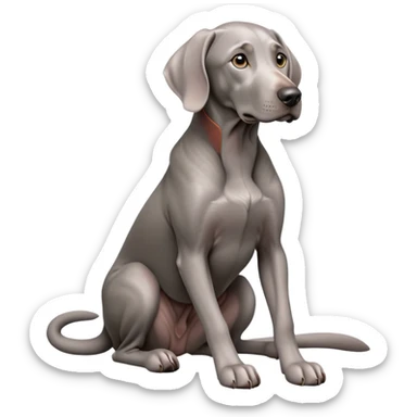 cinematic-[weimaraner-realistic-full-body-sitting-emoji,-tail-resting-loosely-beside-its-paws,-head-tilted-dramatically, -sleek-[grey]-fur,-simplified-yet-realistic-focused-features,-highly-detailed,-glowing-with-an-almost-sarcastic-glow sticker