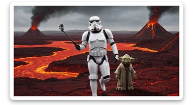 selfie camera, Starwars stormtroopers vlogging , he is walking on lava planet with yoda sticker
