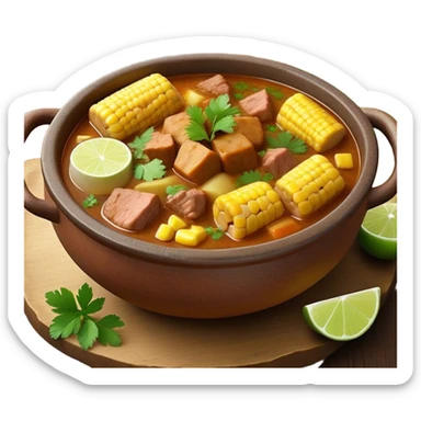 Cinematic Realistic Sancocho Antioqueño Emoji, depicting a hearty Colombian stew brimming with tender cuts of meat, yuca, plantains, corn on the cob, and potatoes in a rich, flavorful broth. Served in a rustic clay bowl with fresh cilantro and lime on the side, rendered with warm, inviting textures and homely, comforting lighting. sticker