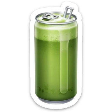 Create an emoji-style illustration of a tall, transparent can-shaped drink filled with iced matcha. The top is sealed with a silver metal pull-tab lid. The drink has a green matcha layer on top that gradually fades into a milky white layer at the bottom. The can is sleek and minimalist. sticker