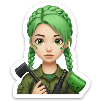 paintball player face girl braided green hair sticker