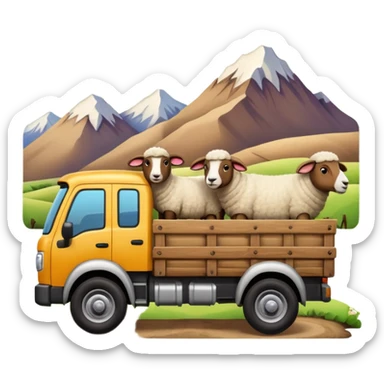 Cartoon 3D emoji of a Peruvian rural truck transporting sheep in the back, wooden cargo bed, Andes mountain landscape, dusty countryside road, glossy finish, bold outlines, vibrant natural colors, sticker design, transparent background sticker
