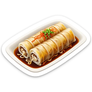 Beef rice noodle roll Ngau Yuk Cheung Fun with dark sauce drizzled on top, simplified emoji style with bold outlines and bright colors, cartoon style Cantonese street food sticker