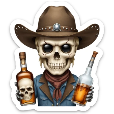A rough and tumble cowboy with a 6 shooter and a bottle of whiskey. From the view of a bird looking down on the cowboy. Make the graphics dark and gritty in the style of your beeding skull art. Just a skull with a cowboy hat this rime sticker