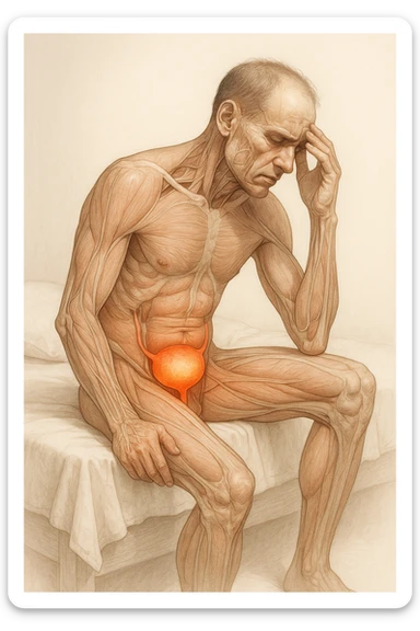 CORPO UMANO ANATOMICO SEDUTO NEL LETTO CHE NON RIESCE A DORMIRE, VESCICA ANATOMICA IN EVIDENZA, IPERREALISTICO SFONDO CHIARO NEUTRO sticker