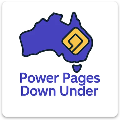 Make the icon more colorful by using #403DAD, a vibrant purple, and #fff7ad as accent colors. Keep the map of Australia with the official Microsoft Power Pages icon overlay and the text 'Power Pages Down Under' in a clean, modern font. No digital web overlay sticker