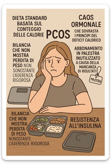 "Desperate woman with PCOS following standard calorie-counting diet, scale showing no weight loss despite strict adherence, expression of confusion and defeat, meal prep containers with healthy foods, insulin resistance making normal dieting ineffective, hormonal chaos overriding caloric deficit principles, gym membership unused due to lack of results scritte in italiano sticker