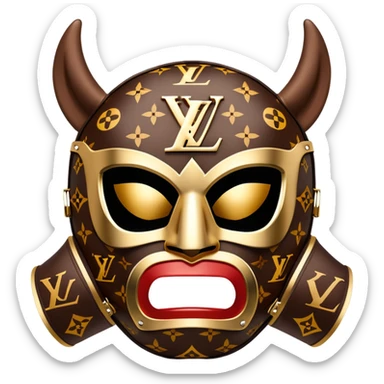 luxury Louis Vuitton luchador mask with LV monogram pattern and brown leather sticker