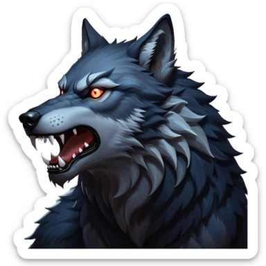 cinematic-noble-fierce-werewolf-howling-portrait-emoji, poised-and-imposing, with a fierce wolfish face tilted upwards in a haunting howl, glowing eyes full of primal ferocity, sharp, and a rugged snout, fur rippling in shades of midnight black and silver, muscles tensed as the powerful howl echoes beneath the moonlit sky; rendered with realism, capturing the raw, untamed power of the beast in its wild, primal state sticker