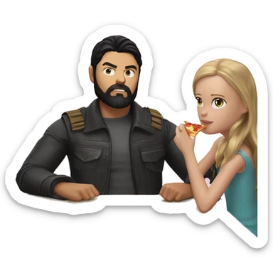 karl urban with black beard sitting at a table eating pizza with small white girl with black hair sticker
