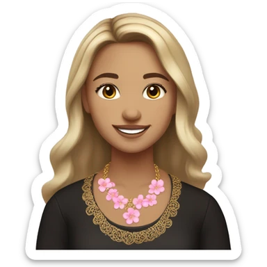 Slavic girl, light skin, brown eyes, black-to-blonde ombre straight tail, smiling with teeth, wearing beautiful dark blouse with a folk pattern of small pink flowers and gold necklace. sticker