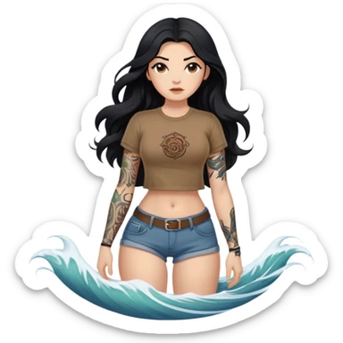 A girl with fair skin and a little fat - long black hair with big waves - tattoos on the upper arms - wearing a brown navel-revealing short-sleeved shirt - full body photo sticker
