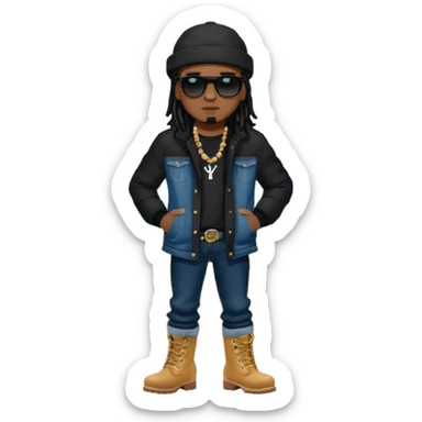 African American man with shoulder length black dreadlocks with black bead wearing black sunglasses with wearing denim skinny jeans wearing black bubble winter coat wearing black New York Yankees baseball hat and wheat timberland boots with arms folded sticker