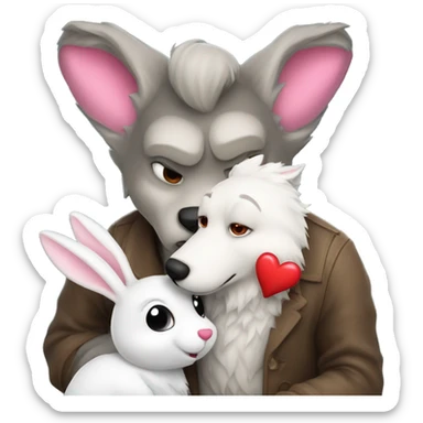 Old Wolf kisses a white Bunny who has pink ears, with big red heart between them sticker