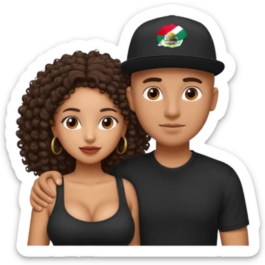 A picture of a tanned couple embracing. the guy is Mexican, with a bald hair cut and he has a SnapBack hat on. The girl is mixed, the girl is wearing a black shirt, the girl has brown curly big hair and the girl has big boobs  sticker
