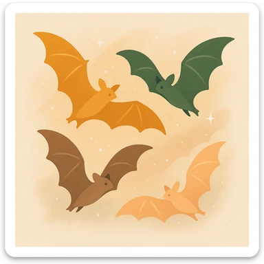 A group of flying bats in mid-air, illustrated in a stylized, artistic way using a warm, earthy color palette: golden orange (FA9B41), deep forest green (4A7C5C), muted taupe brown (96775A), and soft pastel peach (FFCC9A). The bats have sleek wings with subtle color gradients, and their bodies are small and streamlined, featuring elegant silhouettes. The sky around them has a magical, twilight glow with faint sparkles or mist, enhancing the enchanted atmosphere. The overall style is whimsical and soft, with a balance between natural and fantastical elements. sticker