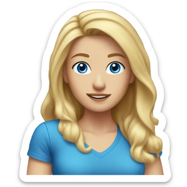 A head and shoulders shot of a 34 year old Caucasian woman, with long blonde hair,   with blue eyes wearing a t-shirt. sticker