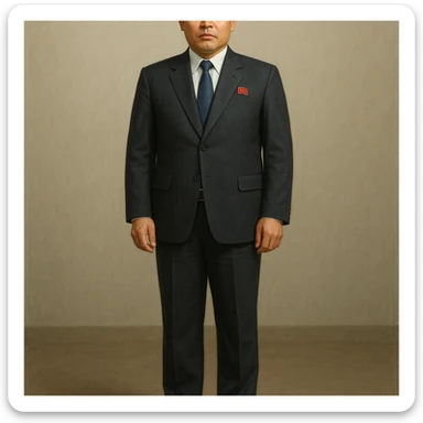 Official portrait of a North Korean man, head of the hull production workshop at a shipyard, serious and formal style, dark suit, neutral background, confident and focused expression, style inspired by Soviet and North Korean official portraits, full body, not cropped, head not cut off, head and feet fully in frame, variation 5 sticker