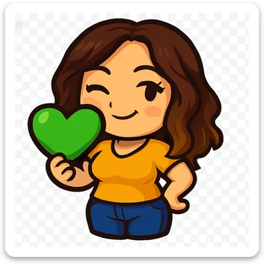 Sticker style chibi emote, matching the attached green heart emote as a base, but with a slightly skinnier body and a bigger chest. Woman from reference, yellow t-shirt and blue jeans, winking, cute playful face, no headband, no wand, transparent background. Top color should not match jeans. sticker