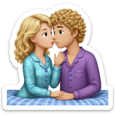 Blonde straight hair girl and brown curly haired boy kissing in pajamas sticker