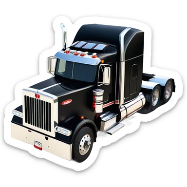 Peterbilt 389 black with red frame with flat top and slash cut exhaust stacks and dual rear tires and flat bumper sticker