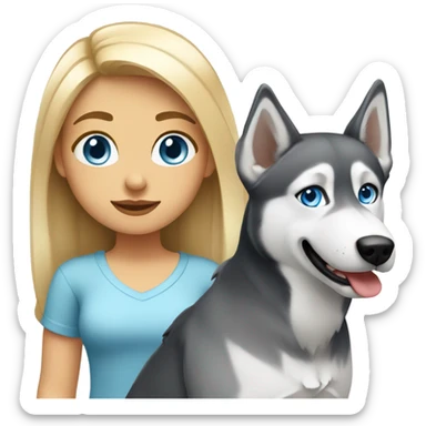 Blonde girl with blue eyes with a gray Husky sticker