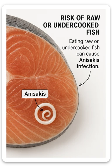 a close-up cross-section of a raw fish fillet, showing a white, coiled Anisakis parasite embedded in the muscle tissue. The parasite is clearly labeled, and the surrounding fish tissue is rendered in detail. The background is clean and white, with educational callouts explaining the risk of consuming raw or undercooked fish. sticker