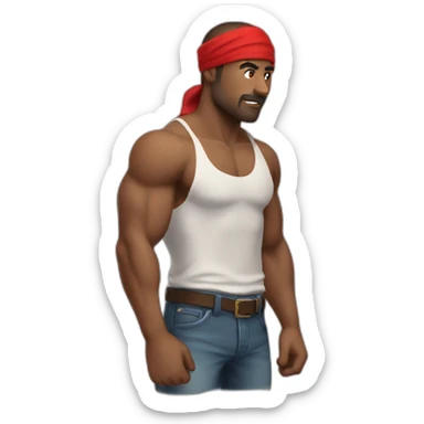 muscular man in red bandana standing sideways turns his head to face the viewer,his hand is bent in the elbow,torso sticker