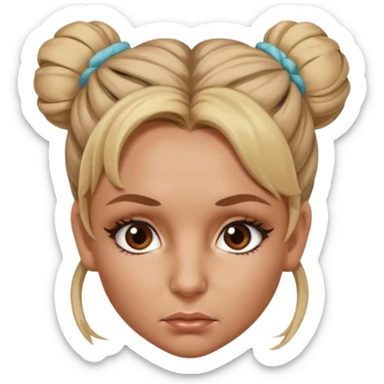 Britney Spears with big dead pan brown eyes staring blankly.   Her hair up in a very messy bun not in a cute way. Like she just woke up and is tired Headshot. sticker