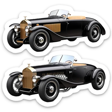 Batgirl’s black Bare bones (sans fenders) chopped streamlined sporty roadster (stripped down) hot street rodded engine sports car 1932 Rolls Royce Woody futuristic electric spaceship motors and lightning dynamos with wide racing wheels that are held strong by advanced suspension and steering sticker