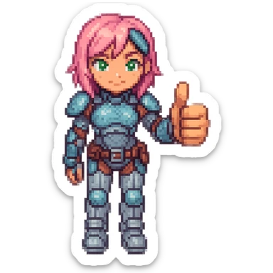 Make the thumb more prominent on the cyborg girl with pink hair giving a thumbs up in pixel art style with detailed armor, no background. sticker
