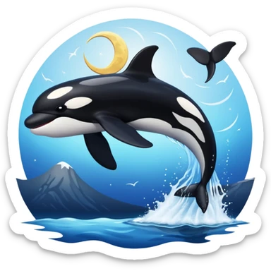 I want a realistic emoji of an orca whale leaping from the water with the moon illuminating the sky and reflecting on the sea. sticker