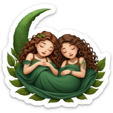 two forest alchemist women — one with long wavy brown hair and tattoos, one with short tight curly brown hair — sleeping back to back under leaf blanket crescent moon above sticker