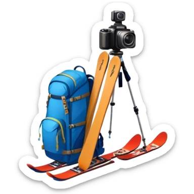 Icon for Mountain Tourism: a distant snow-capped mountain peak with skis, a snowboard, an ice axe, a backpack and a camera. The icon should convey the spirit of adventure and exploration in the mountains. Transparent background. sticker