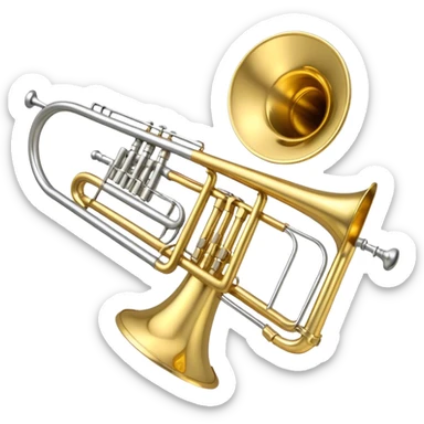 Create a refined emoji representing a trombone. The design should feature a gleaming trombone with its characteristic sliding mechanism and bell. Add musical notes flowing around the instrument to evoke its sound in a band or orchestra setting. Use gold, brass, and silver to highlight its professional appearance. The background should be transparent. sticker