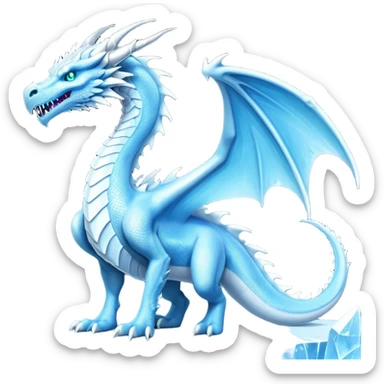 Cinematic Noble Fierce Ice Dragon full body Emoji, Poised and imposing, distinct long elegant snout, with a slender, scaled body shimmering in glacial hues of icy blue, frostbitten silver, and crystalline white, breathing out frost, with piercing, glowing eyes that radiate the chilling depths of an arctic storm; rendered in detail. displaying its wings sticker