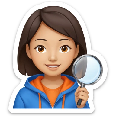 A brunette smiling asian woman wearing orange-blue hoodie holding a large magnifying glass and squinting at something to intently sticker