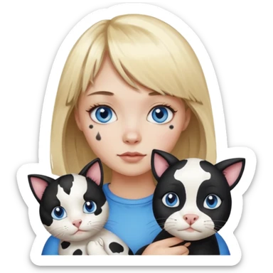 Cute cat black and white stain like a cow in the arms of a blond girl with bangs and blue eyes sticker