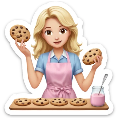 Blond long wavy hair lady with a light pink apron making chocolate chip cookies sticker