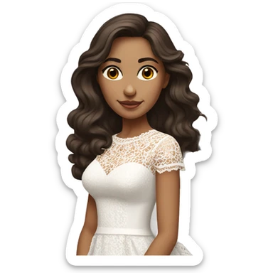 hyper realism Adult woman with brown eyes, light tanned skin, long wavy dark brown hair, wearing a white lace dress sticker