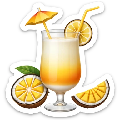A beautiful cocktail with a creamy white to orange gradient, containing coconut juice and mango, reminiscent of summer. Above, there are tropical flowers, lemon slices, and a straws. sticker