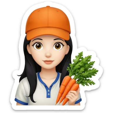 girl with black hair, baseball cap, holding carrots sticker