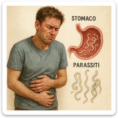 realistic medical illustration of a person looking frustrated and tired, holding their stomach, with a stylized cross-section of the stomach showing parasites, educational and respectful, Italian labels, no explicit details sticker