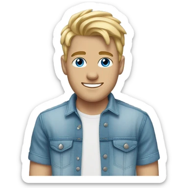A white 20 year old man with blonde short hair white teeth blue eyes dressed in a jeans shirt and blue joggers sticker