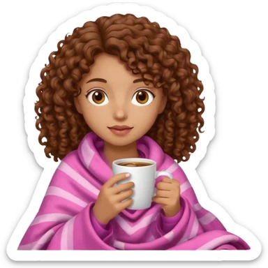 Brown eye ,brown curly hair girl with light brown skin drinking coffee with a pink blanket  sticker
